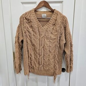 FCT WITH LOVE Women's Tan Cable Knit Fringe V Neck Sweater Size 1X
